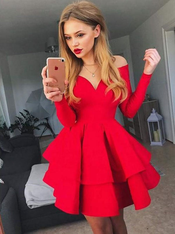 A-Line Stretch Crepe Off-the-Shoulder With Ruffles Long Sleeves Short/Mini Homecoming Dress