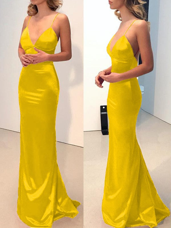 Sheath Spaghetti Straps V-neck Sweep/Brush Train Elastic Woven Satin Bridesmaid Dresses