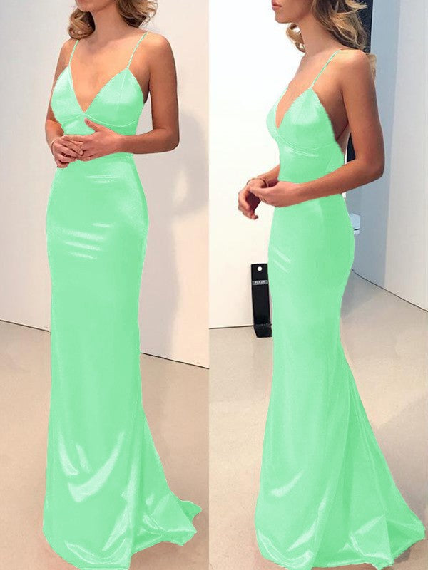 Sheath Spaghetti Straps V-neck Sweep/Brush Train Elastic Woven Satin Bridesmaid Dresses
