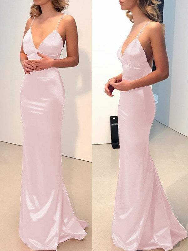 Sheath Spaghetti Straps V-neck Sweep/Brush Train Elastic Woven Satin Bridesmaid Dresses