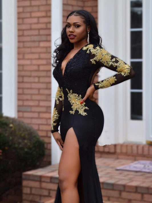 Mermaid Long Sleeves V-neck Court Train Jersey With Beading Prom Dress