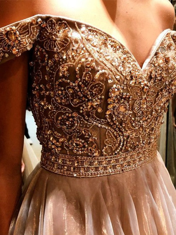A-Line Sleeveless Off-the-Shoulder Floor-Length Tulle With Beading Prom Dress