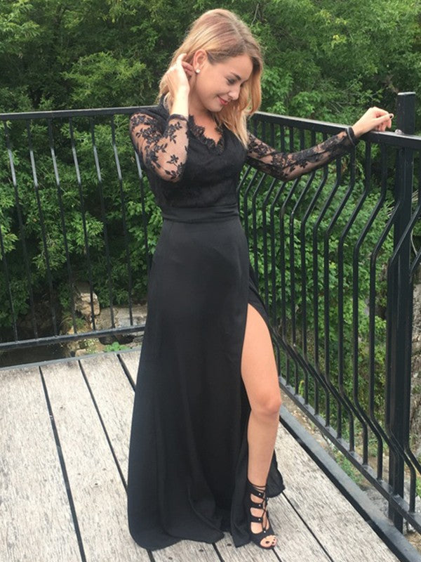 A-Line Long Sleeves V-neck Floor-Length Lace Satin Chiffon With Applique Prom Dress