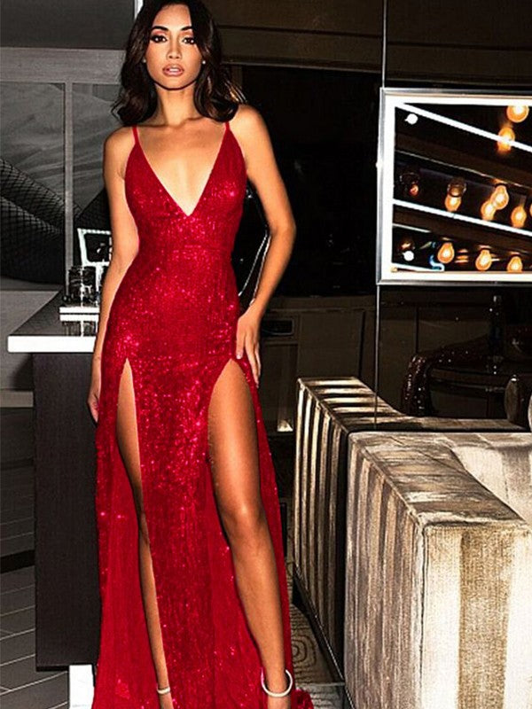 Sheath Sleeveless V-neck Sweep/Brush Train Sequins Prom Dress