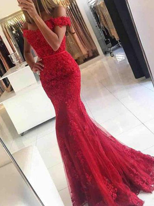 Mermaid Sleeveless Off-the-Shoulder Sweep/Brush Train Tulle With Applique Prom Dress