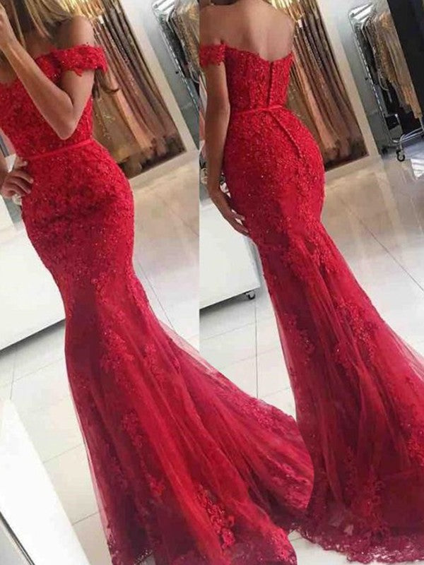 Mermaid Sleeveless Off-the-Shoulder Sweep/Brush Train Tulle With Applique Prom Dress