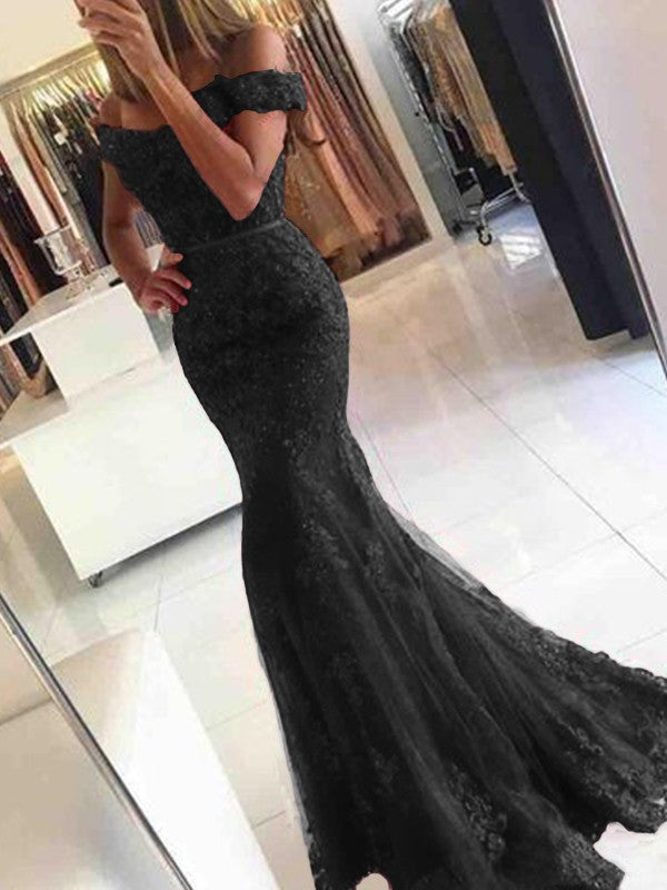 Mermaid Sleeveless Off-the-Shoulder Sweep/Brush Train Tulle With Applique Prom Dress