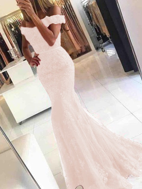 Mermaid Sleeveless Off-the-Shoulder Sweep/Brush Train Tulle With Applique Prom Dress