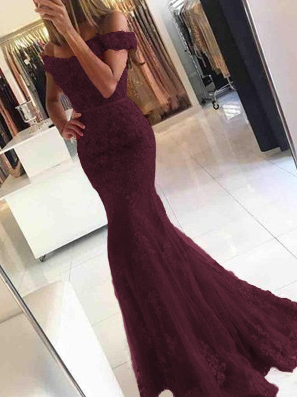 Mermaid Sleeveless Off-the-Shoulder Sweep/Brush Train Tulle With Applique Prom Dress