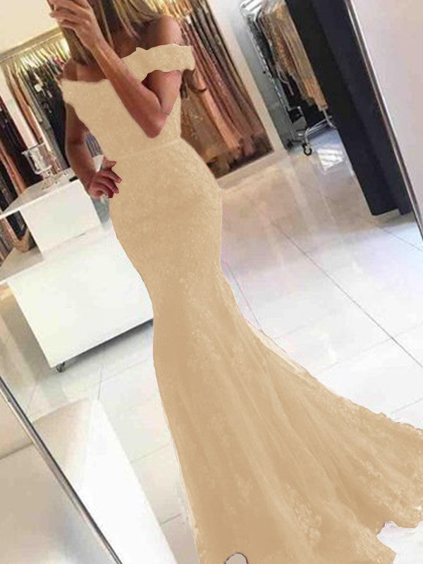 Mermaid Sleeveless Off-the-Shoulder Sweep/Brush Train Tulle With Applique Prom Dress