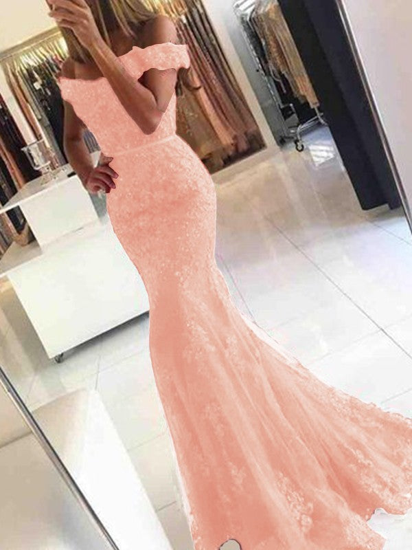 Mermaid Sleeveless Off-the-Shoulder Sweep/Brush Train Tulle With Applique Prom Dress