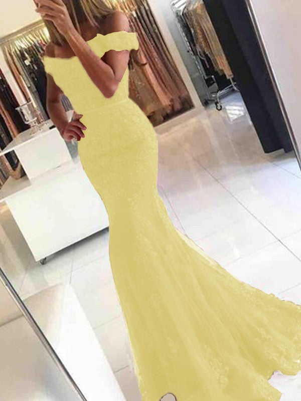Mermaid Sleeveless Off-the-Shoulder Sweep/Brush Train Tulle With Applique Prom Dress
