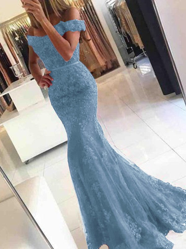 Mermaid Sleeveless Off-the-Shoulder Sweep/Brush Train Tulle With Applique Prom Dress