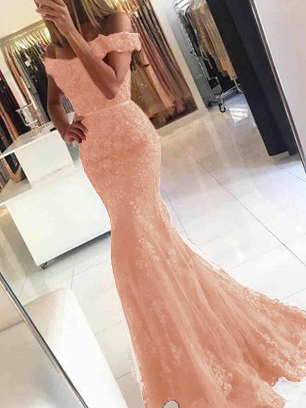 Mermaid Sleeveless Off-the-Shoulder Sweep/Brush Train Tulle With Applique Prom Dress