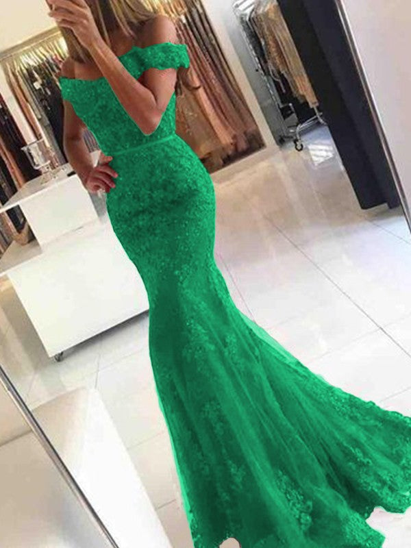Mermaid Sleeveless Off-the-Shoulder Sweep/Brush Train Tulle With Applique Prom Dress