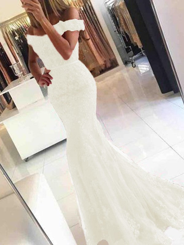 Mermaid Sleeveless Off-the-Shoulder Sweep/Brush Train Tulle With Applique Prom Dress
