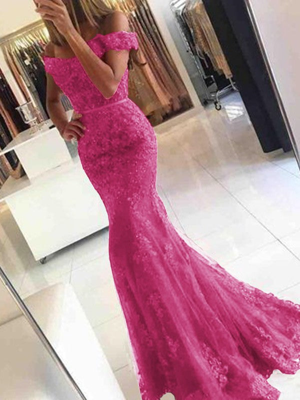Mermaid Sleeveless Off-the-Shoulder Sweep/Brush Train Tulle With Applique Prom Dress