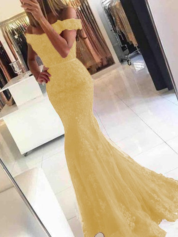 Mermaid Sleeveless Off-the-Shoulder Sweep/Brush Train Tulle With Applique Prom Dress