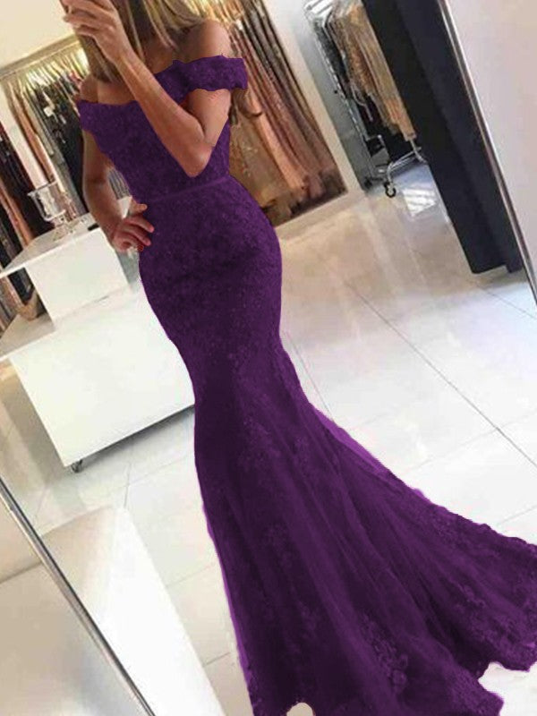 Mermaid Sleeveless Off-the-Shoulder Sweep/Brush Train Tulle With Applique Prom Dress