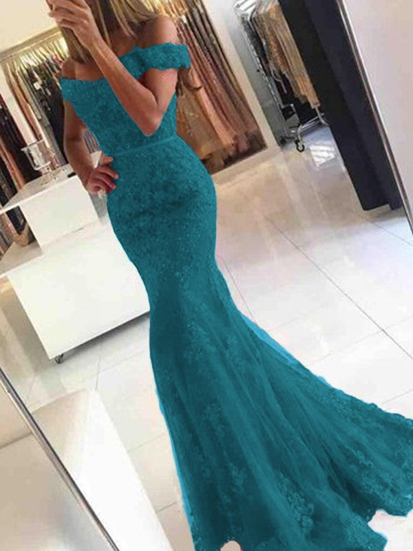 Mermaid Sleeveless Off-the-Shoulder Sweep/Brush Train Tulle With Applique Prom Dress