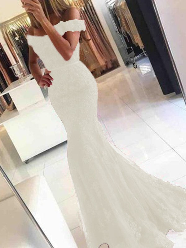 Mermaid Sleeveless Off-the-Shoulder Sweep/Brush Train Tulle With Applique Prom Dress