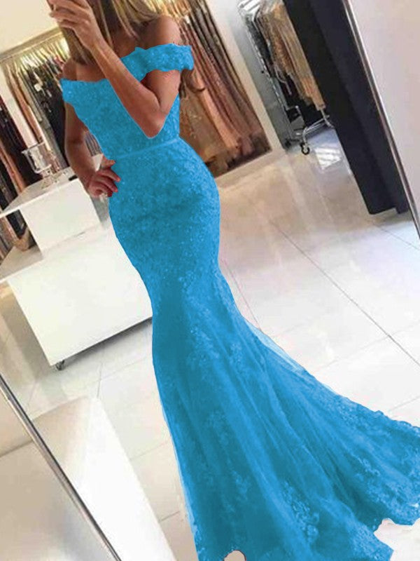 Mermaid Sleeveless Off-the-Shoulder Sweep/Brush Train Tulle With Applique Prom Dress
