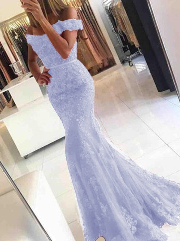 Mermaid Sleeveless Off-the-Shoulder Sweep/Brush Train Tulle With Applique Prom Dress