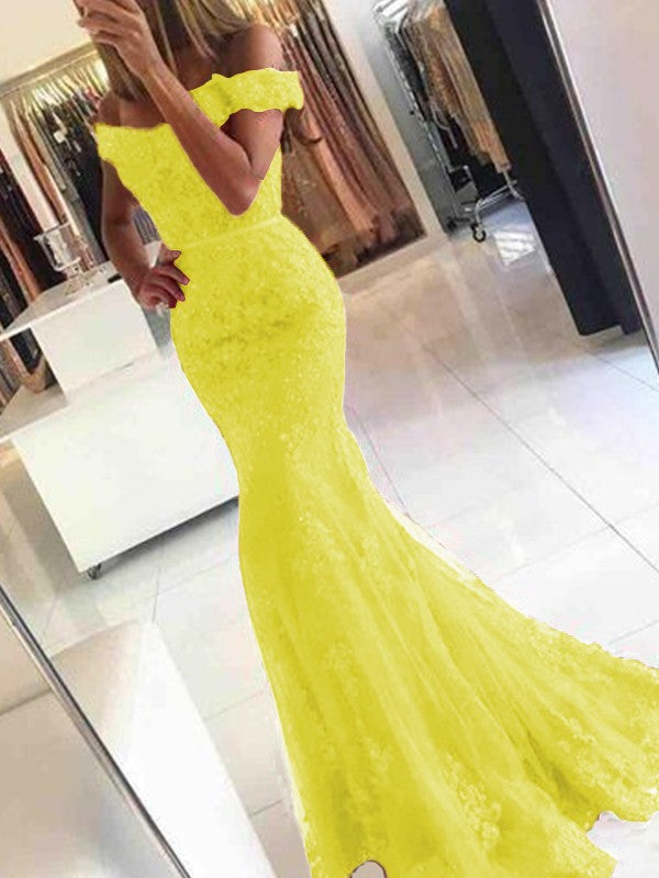 Mermaid Sleeveless Off-the-Shoulder Sweep/Brush Train Tulle With Applique Prom Dress
