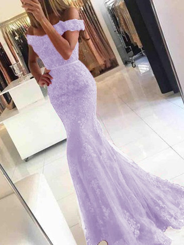 Mermaid Sleeveless Off-the-Shoulder Sweep/Brush Train Tulle With Applique Prom Dress