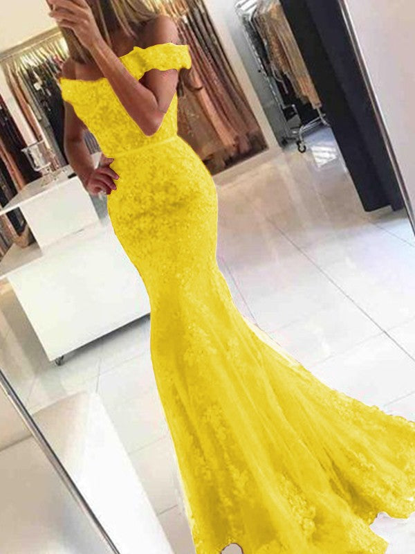 Mermaid Sleeveless Off-the-Shoulder Sweep/Brush Train Tulle With Applique Prom Dress