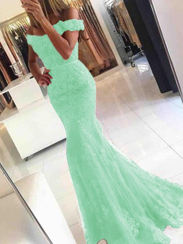 Mermaid Sleeveless Off-the-Shoulder Sweep/Brush Train Tulle With Applique Prom Dress