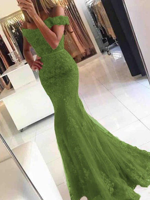 Mermaid Sleeveless Off-the-Shoulder Sweep/Brush Train Tulle With Applique Prom Dress