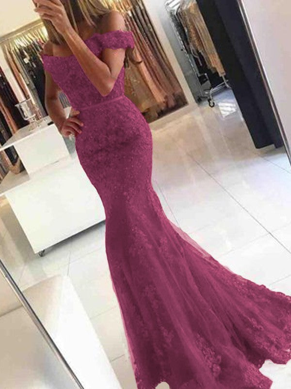 Mermaid Sleeveless Off-the-Shoulder Sweep/Brush Train Tulle With Applique Prom Dress