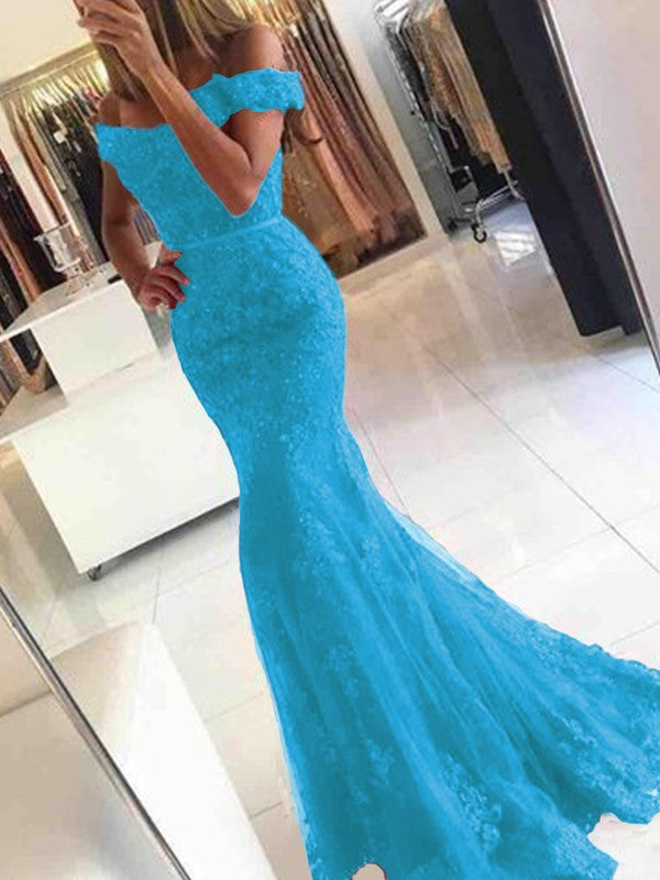 Mermaid Sleeveless Off-the-Shoulder Sweep/Brush Train Tulle With Applique Prom Dress