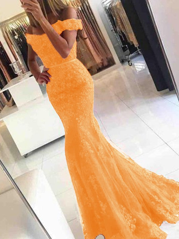 Mermaid Sleeveless Off-the-Shoulder Sweep/Brush Train Tulle With Applique Prom Dress