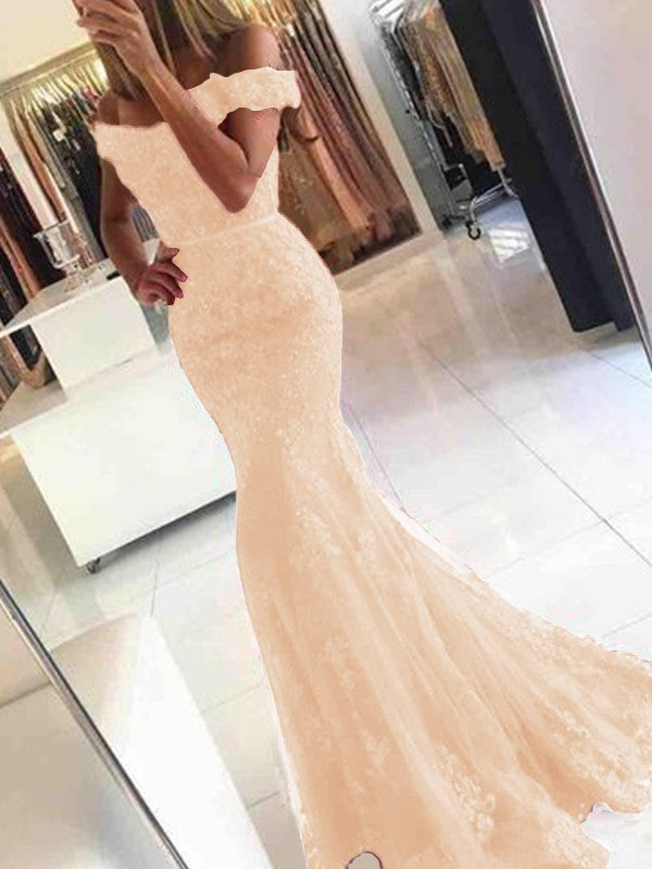 Mermaid Sleeveless Off-the-Shoulder Sweep/Brush Train Tulle With Applique Prom Dress