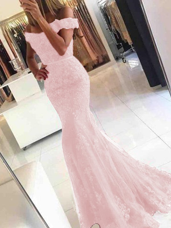 Mermaid Sleeveless Off-the-Shoulder Sweep/Brush Train Tulle With Applique Prom Dress