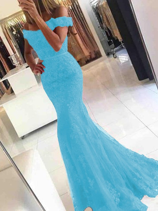 Mermaid Sleeveless Off-the-Shoulder Sweep/Brush Train Tulle With Applique Prom Dress