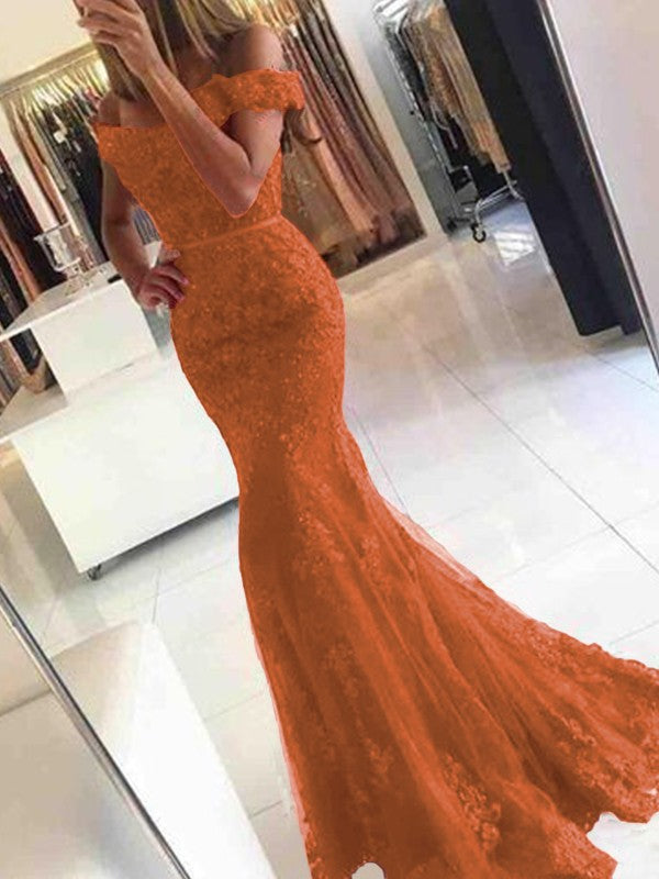 Mermaid Sleeveless Off-the-Shoulder Sweep/Brush Train Tulle With Applique Prom Dress