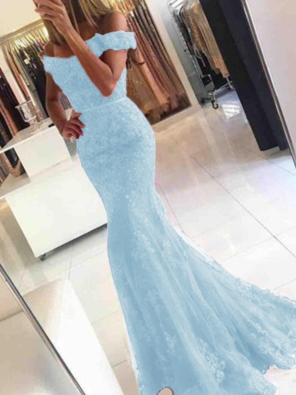 Mermaid Sleeveless Off-the-Shoulder Sweep/Brush Train Tulle With Applique Prom Dress