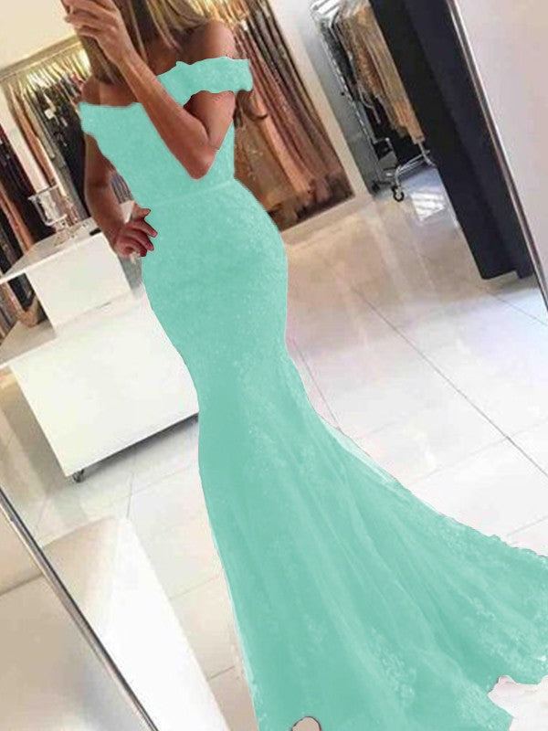 Mermaid Sleeveless Off-the-Shoulder Sweep/Brush Train Tulle With Applique Prom Dress