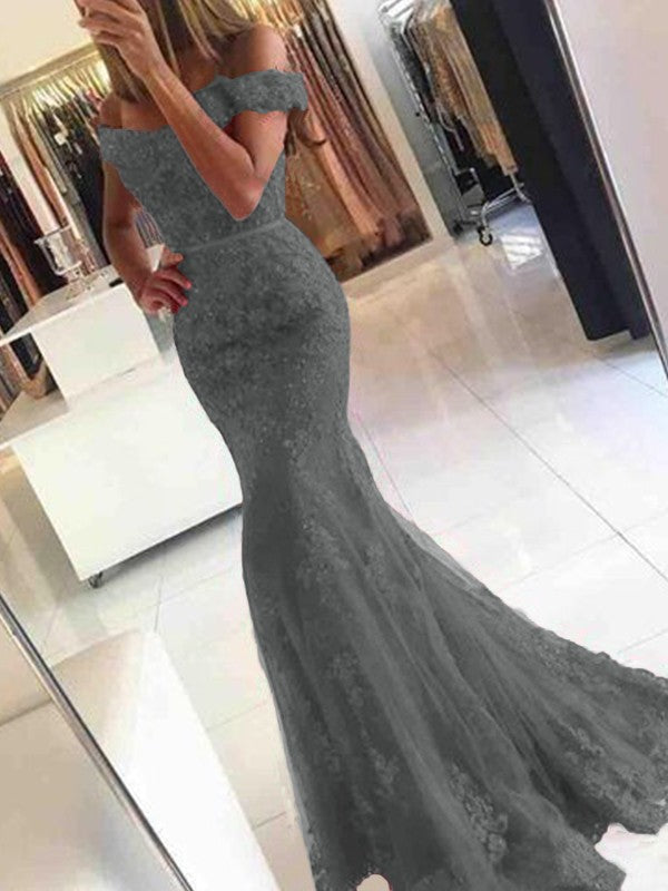 Mermaid Sleeveless Off-the-Shoulder Sweep/Brush Train Tulle With Applique Prom Dress