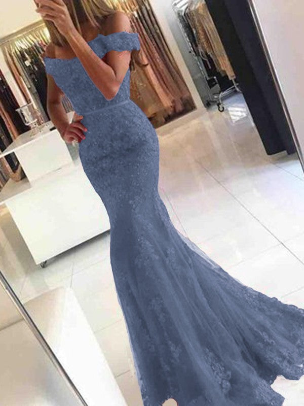 Mermaid Sleeveless Off-the-Shoulder Sweep/Brush Train Tulle With Applique Prom Dress