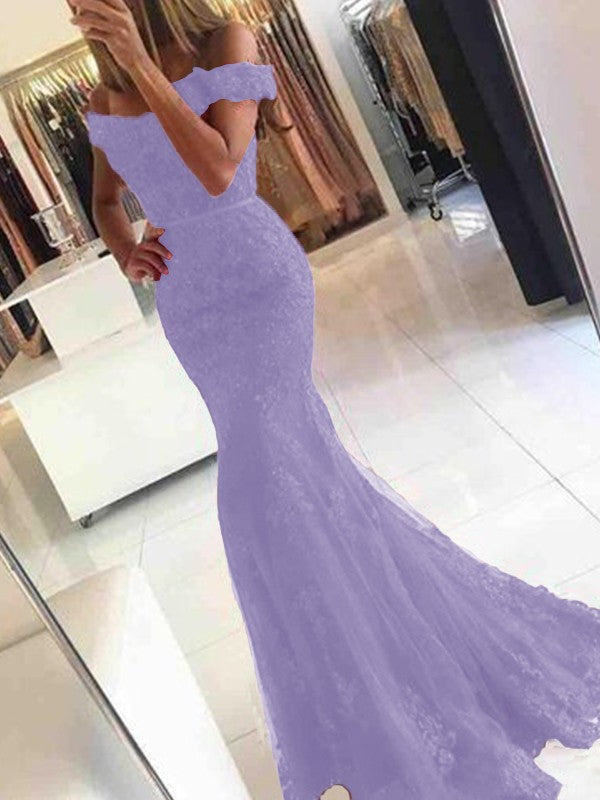 Mermaid Sleeveless Off-the-Shoulder Sweep/Brush Train Tulle With Applique Prom Dress