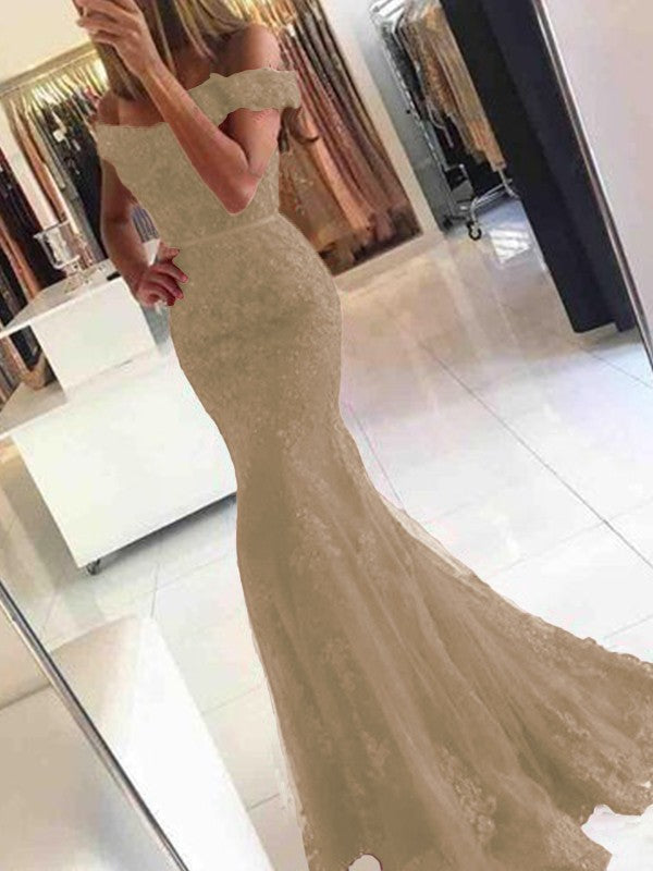 Mermaid Sleeveless Off-the-Shoulder Sweep/Brush Train Tulle With Applique Prom Dress