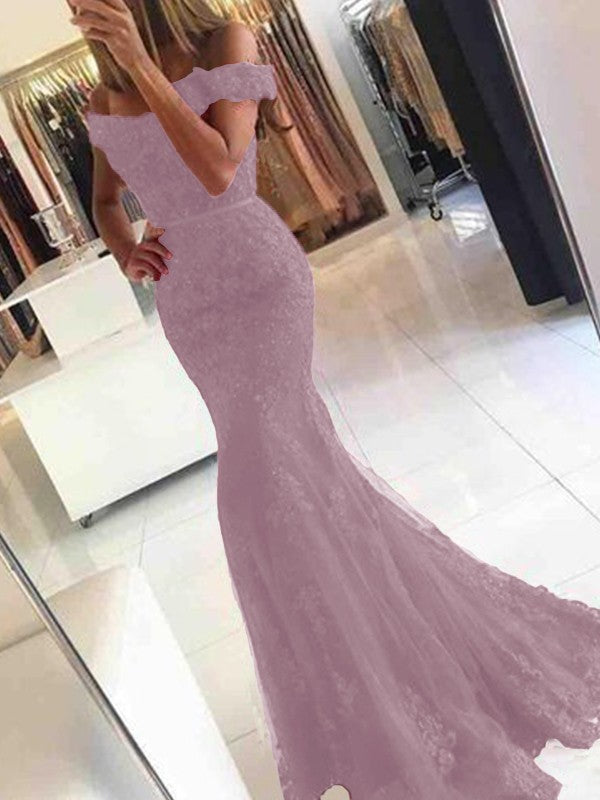 Mermaid Sleeveless Off-the-Shoulder Sweep/Brush Train Tulle With Applique Prom Dress