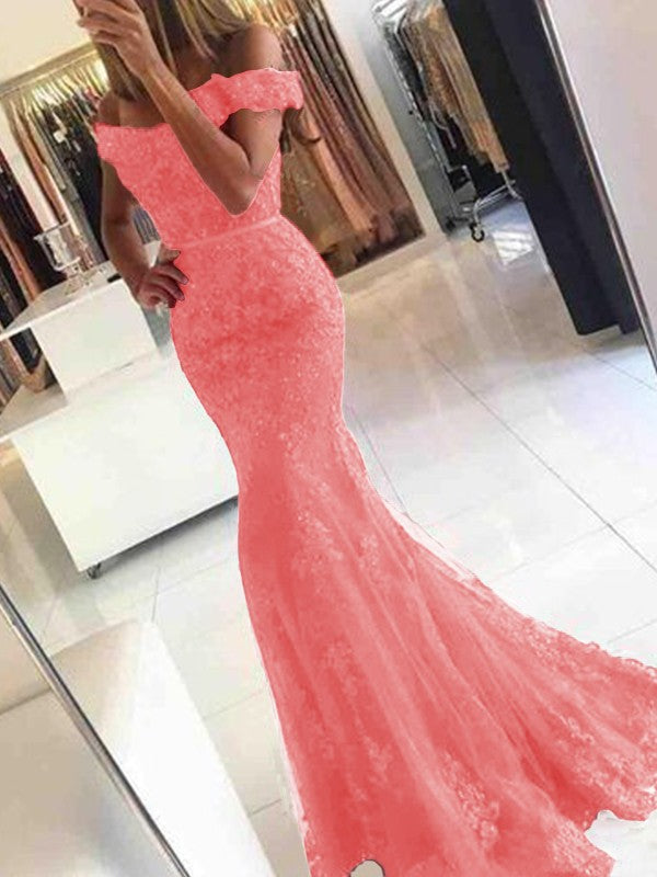 Mermaid Sleeveless Off-the-Shoulder Sweep/Brush Train Tulle With Applique Prom Dress