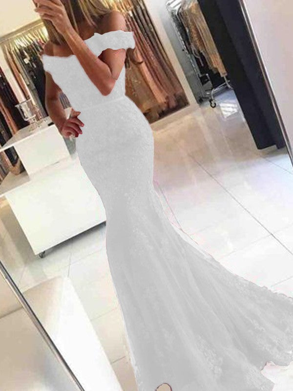 Mermaid Sleeveless Off-the-Shoulder Sweep/Brush Train Tulle With Applique Prom Dress