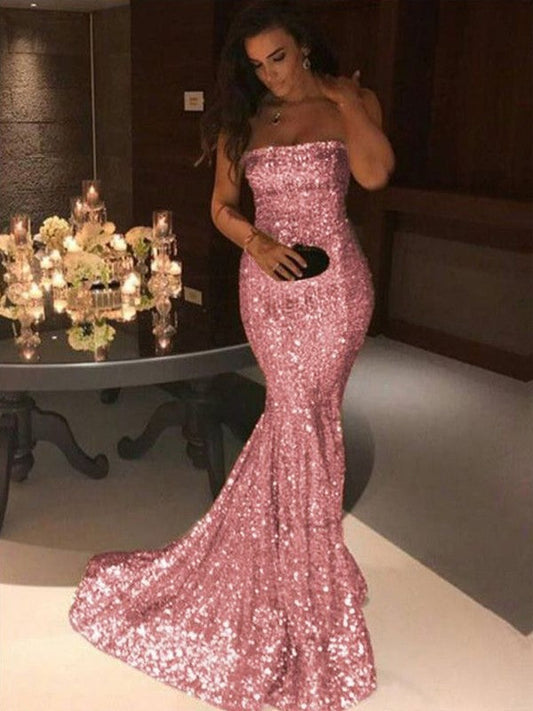 Mermaid Sleeveless Strapless Sweep/Brush Train Sequins Prom Dress