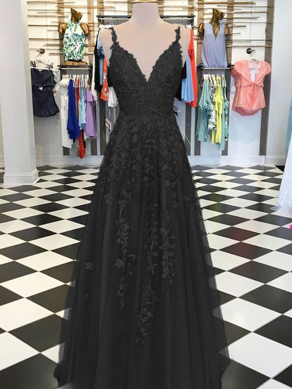 A-Line Sleeveless V-neck Floor-Length With Applique Tulle Prom Dress